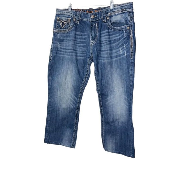 Rock Revival Mens Troy Jeans Relaxed Straight Sz 38 Hem Inseam 27” Distress FLAW - Picture 2 of 9